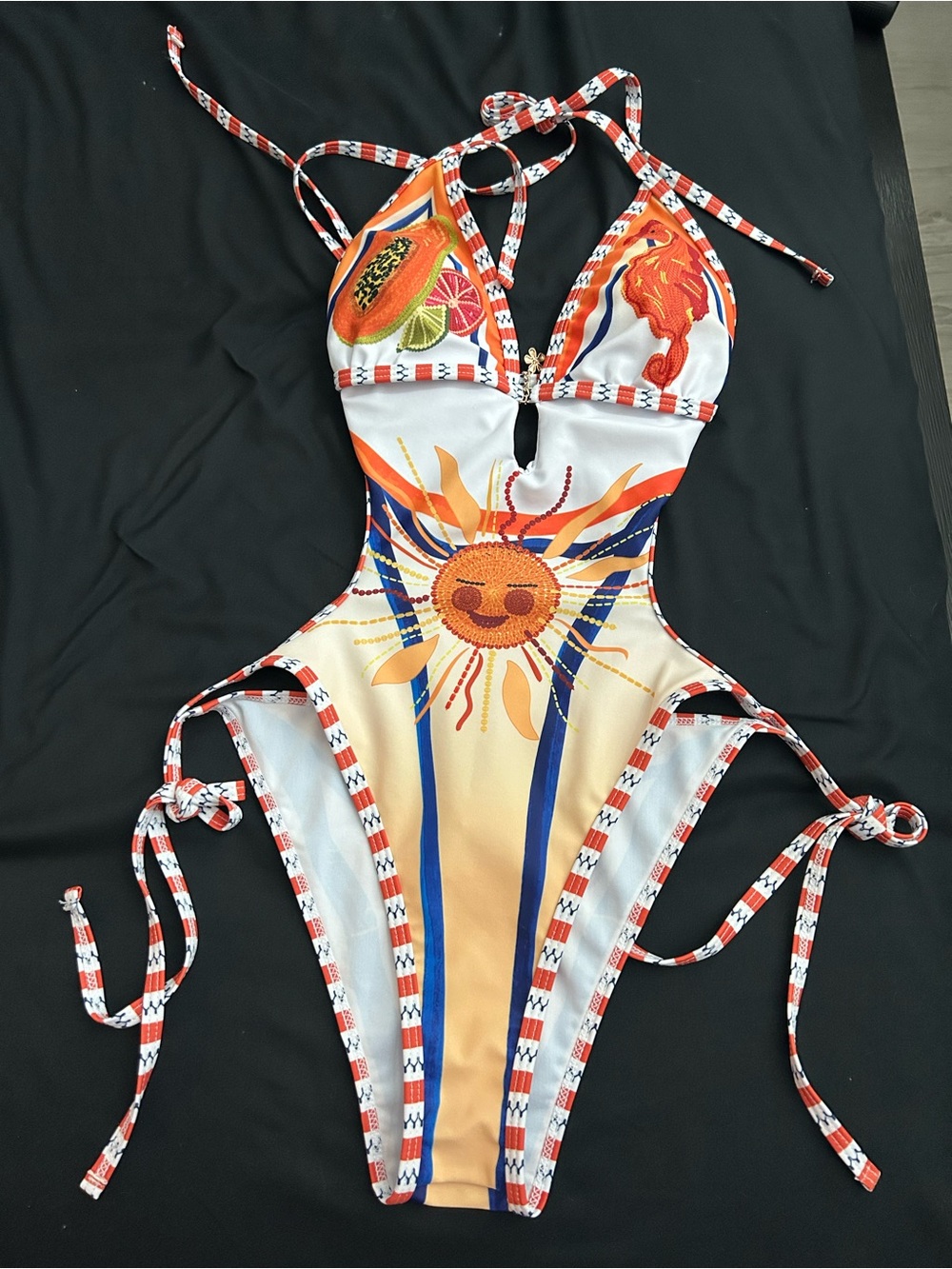 Sun Graphic Cutout One-Piece Swimsuit in Orange & Blue